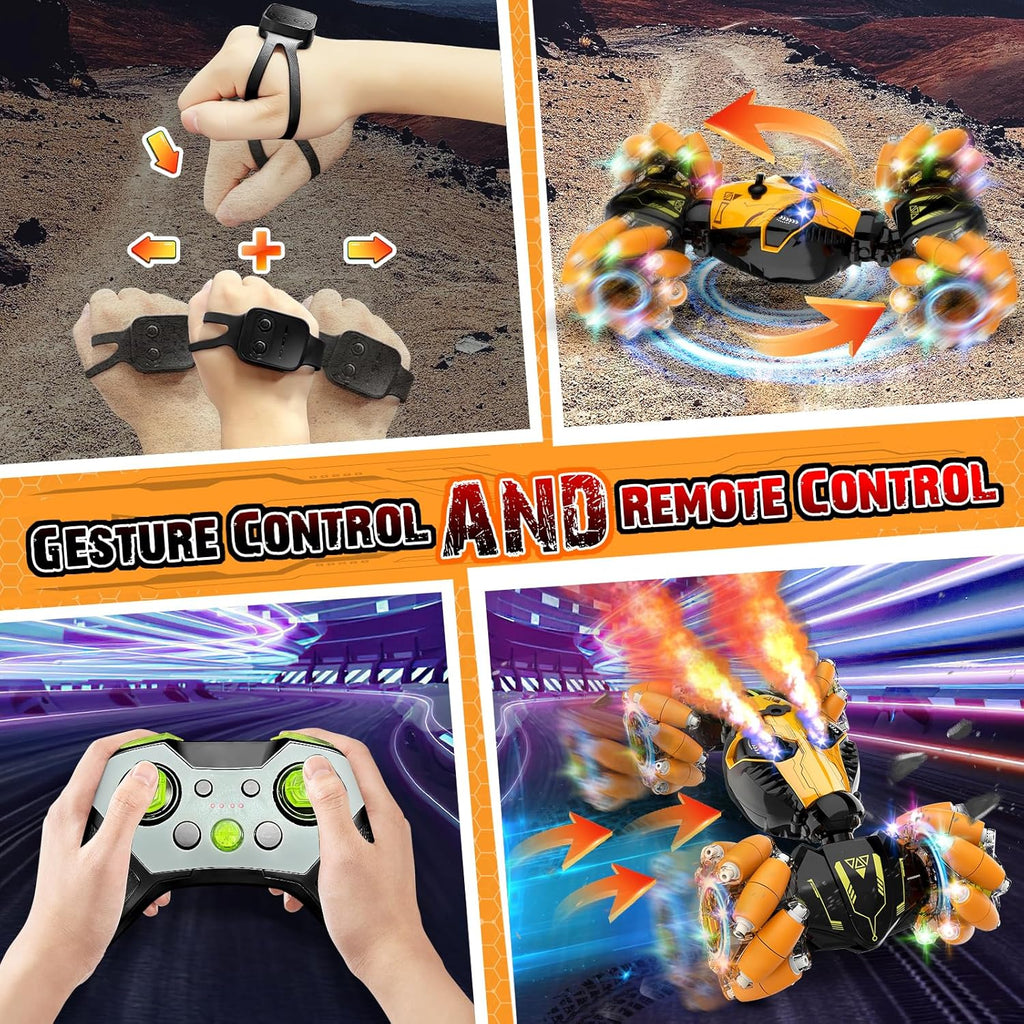 Remote Control Stunt Car Toys: Birthday Gifts for Boys Toys Ages 6-12 - 2.4Ghz Gesture Sensing Remote Control Cars with Light and Music Spray - 8WD Drift 360° Rotating RC Car for 7-14
