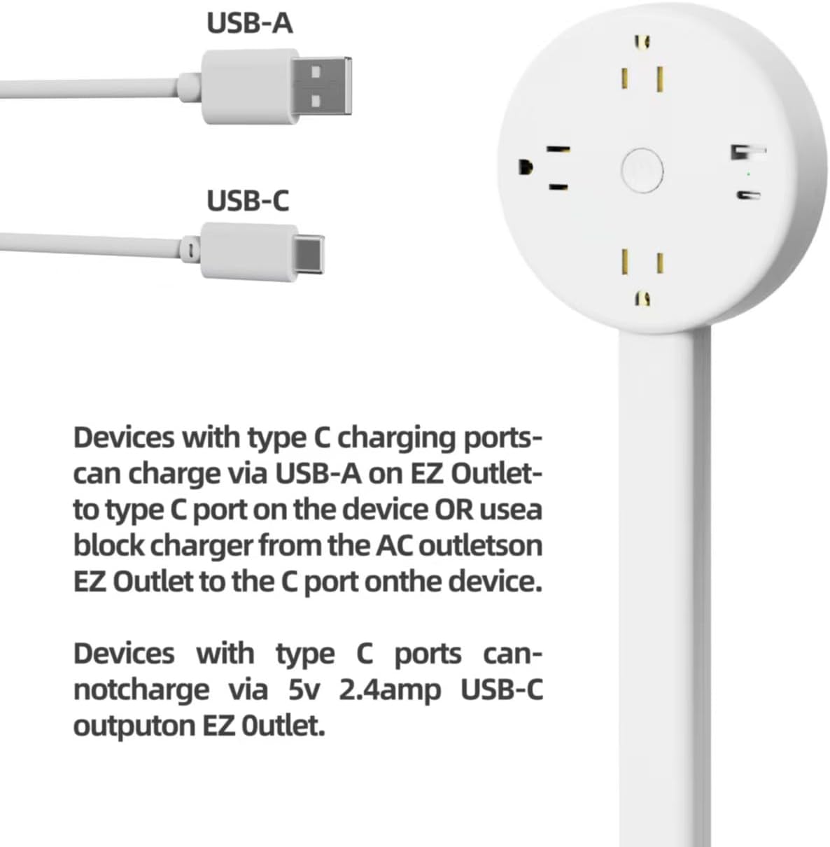 New Electrical Outlet Extender Adjustable Power Socket Expander, 1800J Surge Protection, Extends 18.5"-26.5", Rotates 180° Features USB-A, USB-C&3 AC Outlets, for Couches, Desks, Nightstands and More
