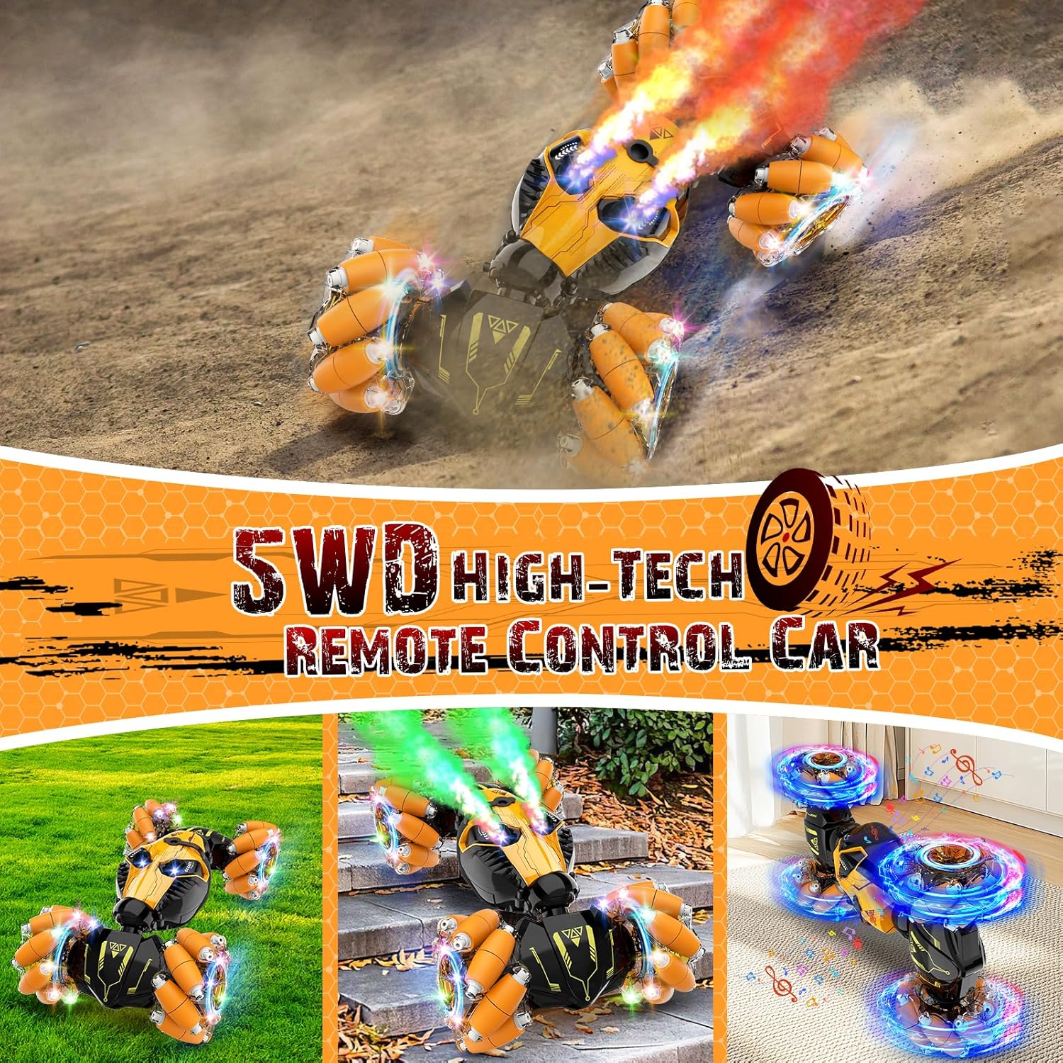 Remote Control Stunt Car Toys: Birthday Gifts for Boys Toys Ages 6-12 - 2.4Ghz Gesture Sensing Remote Control Cars with Light and Music Spray - 8WD Drift 360° Rotating RC Car for 7-14