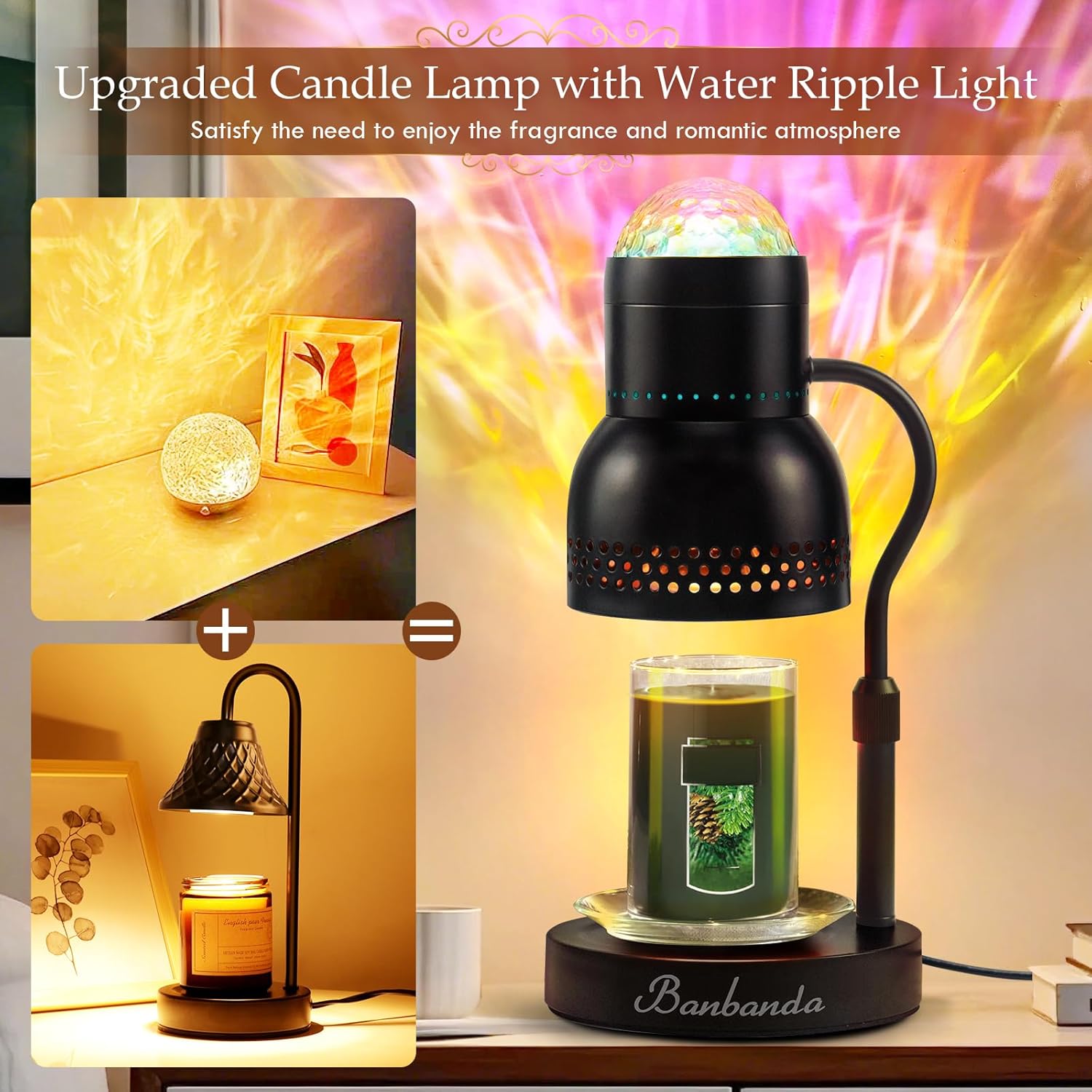 Candle Warmer Lamp with Timer Dimmer, Wax Warmer for Scented with Water Ripple Embellish Life, Relieve Stress, fits All Large Candle Jar - Large Black Candle Lamp for Home Decor