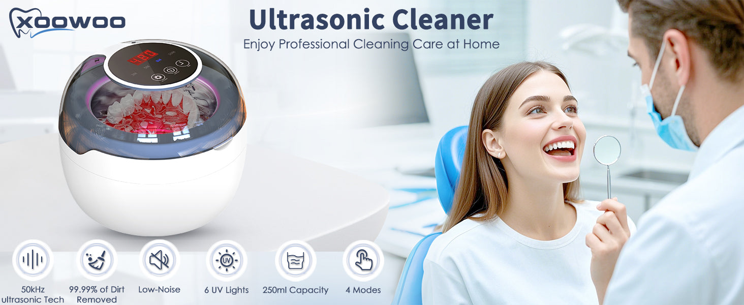 Ultrasonic Retainer Cleaner Machine, 2025 Upgrade 50kHz Portable Ultra Sonic Dental Cleaning Pod for Denture, Mouth Guard, Night Guard, Braces - 250ml Ultrasonic Cleaner Machine with 4 Digital Timer