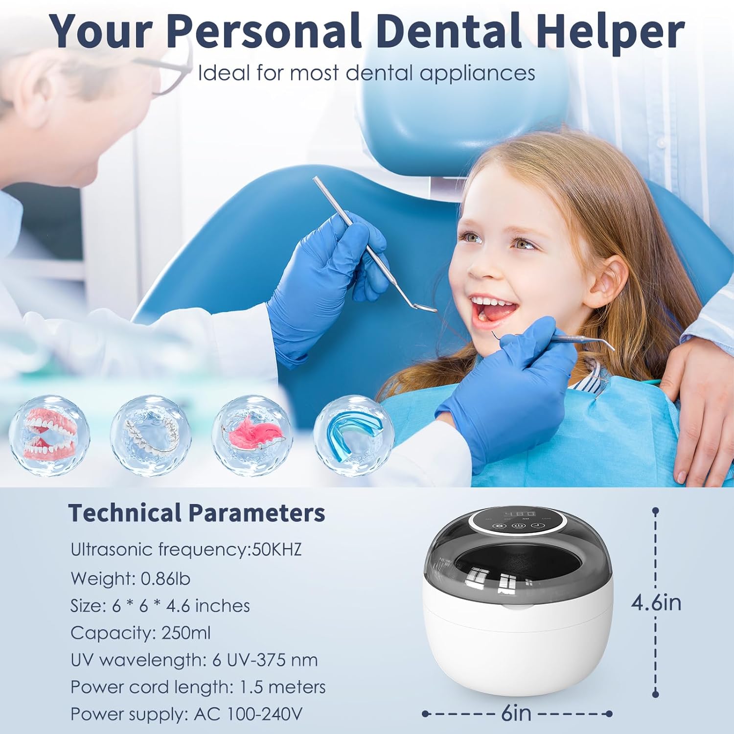 Ultrasonic Retainer Cleaner Machine, 2025 Upgrade 50kHz Portable Ultra Sonic Dental Cleaning Pod for Denture, Mouth Guard, Night Guard, Braces - 250ml Ultrasonic Cleaner Machine with 4 Digital Timer
