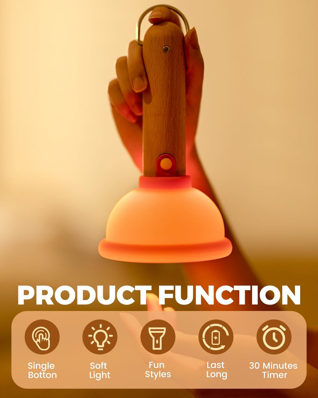 Amaredom Plunger Night Light,Cute Plunger Lamp,Wooden Silicone Fun Night Light,Rechargeable LED Fun Flashlight,Belt 30 Minute timer and one-button control,Bedroom,Washroom,Living Room