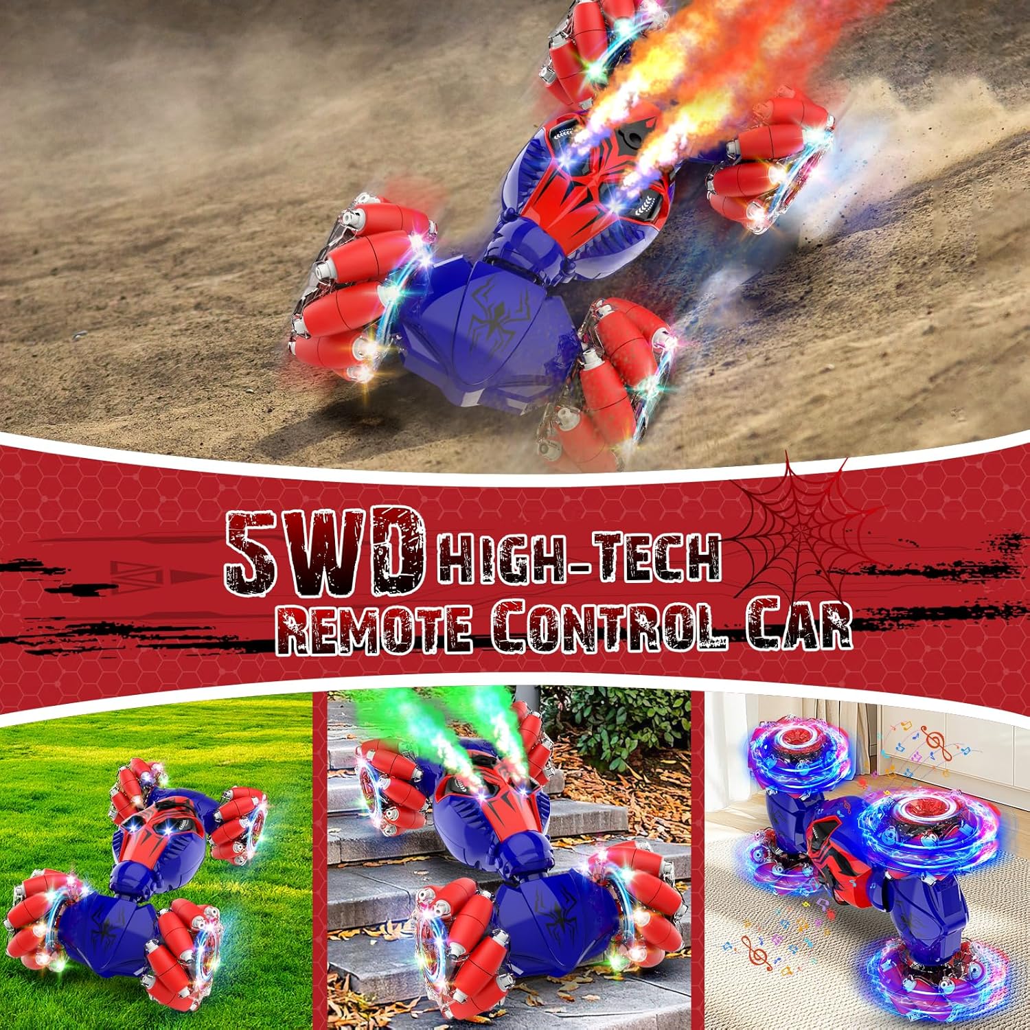 Spider Remote Control Stunt Car: Birthday Gifts for Boys Toys Ages 6-12 - 2.4Ghz Gesture Sensing Remote Control Cars with Light and Music Spray - 8WD Drift 360° Rotating RC Car for 7-14 Kids