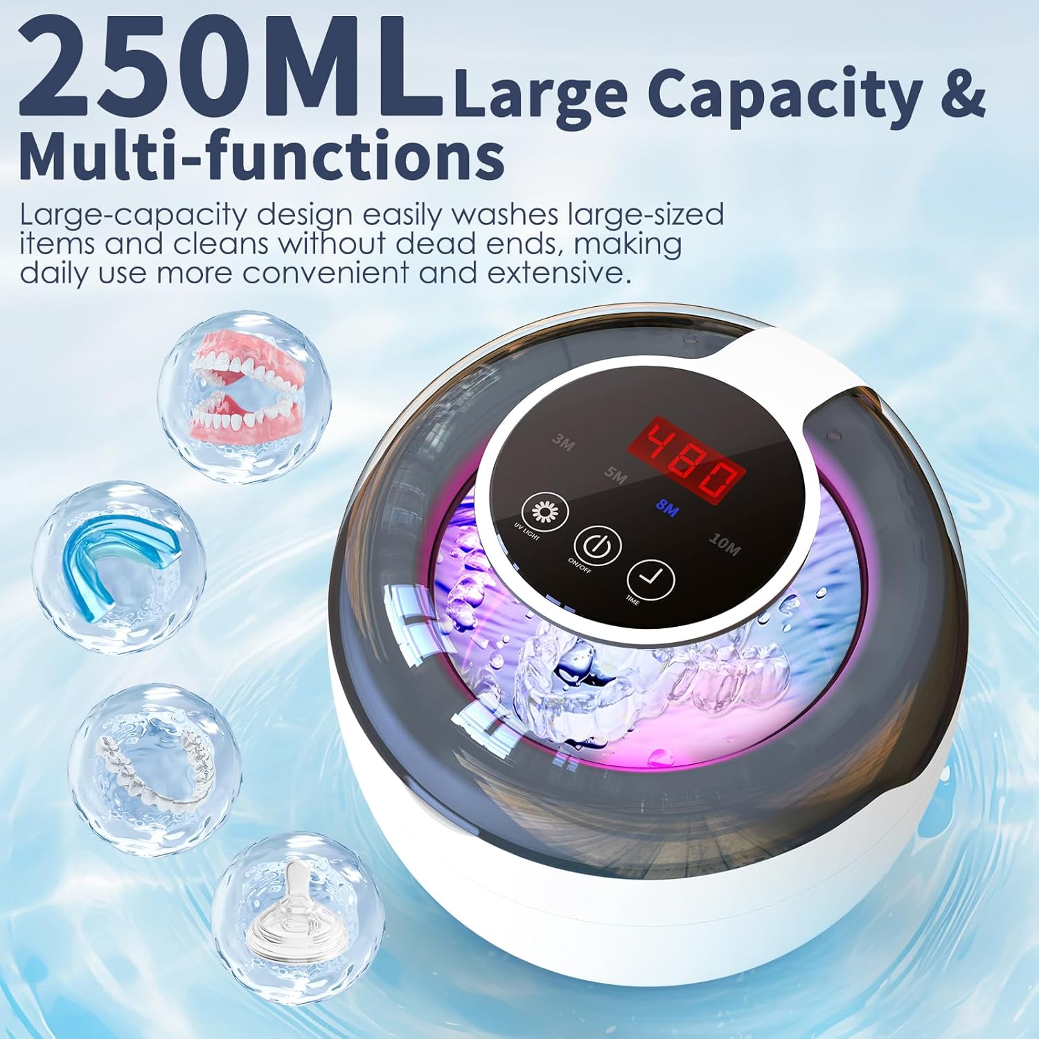 Ultrasonic Retainer Cleaner Machine, 2025 Upgrade 50kHz Portable Ultra Sonic Dental Cleaning Pod for Denture, Mouth Guard, Night Guard, Braces - 250ml Ultrasonic Cleaner Machine with 4 Digital Timer