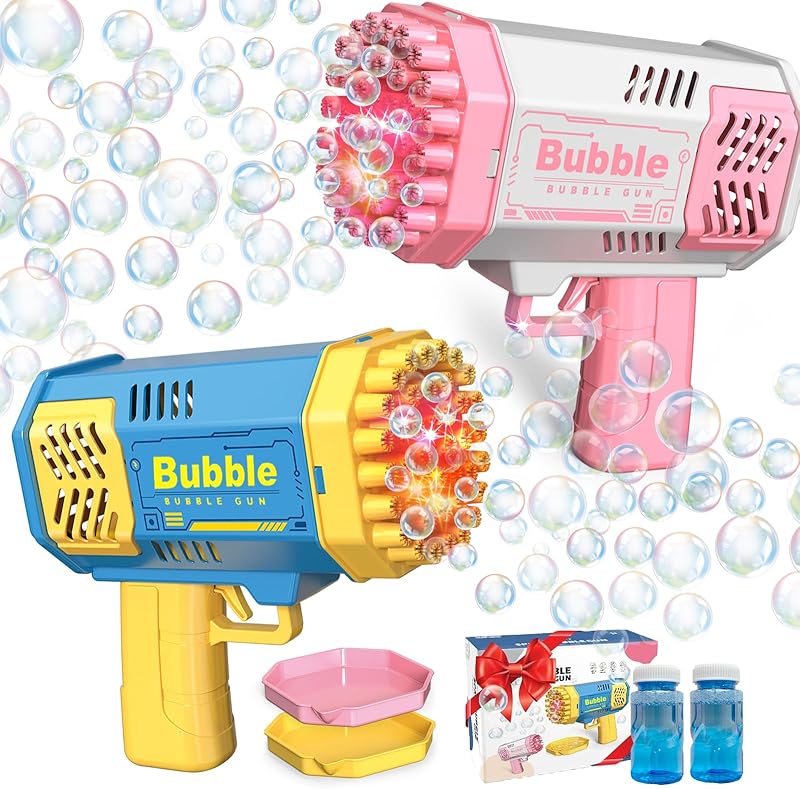 2 Bubble Gun with 2 Bottles Refill Solution for Kids, 40-Hole Light Up Bubble Machine for Toddlers 1-3, Bubble Blaster Maker, Party Favors Toys for Boys Girls 4-8 Birthday Gifts