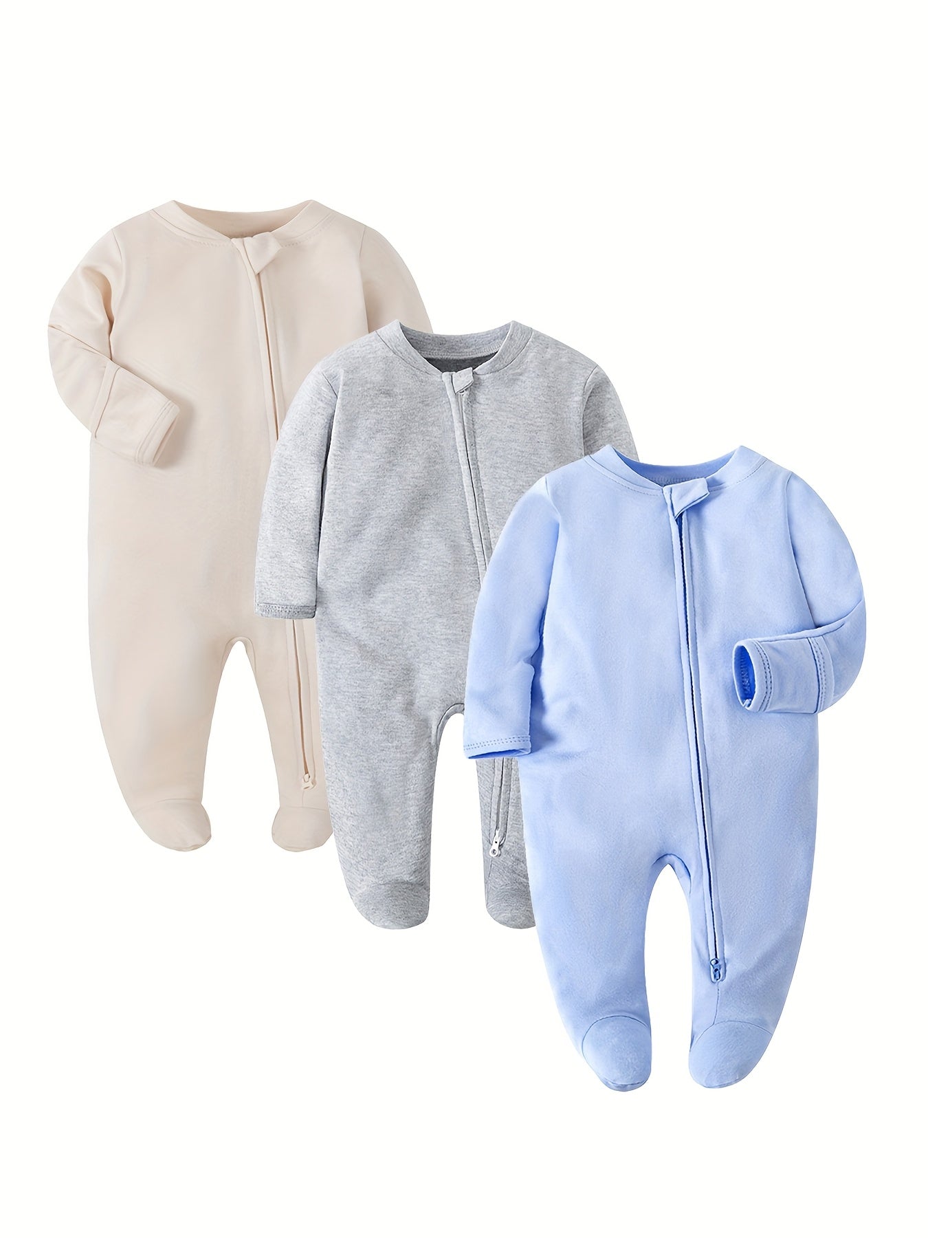 3pcs Unisex Baby Clothes Newborn Long Sleeve Footed Onesie Set Baby Jumpsuit Baby Clothes 2-Way Zipper