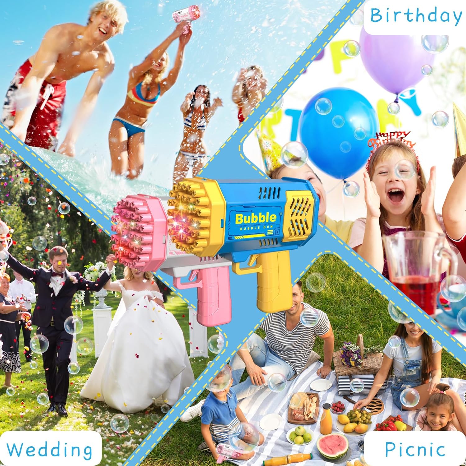 2 Bubble Gun with 2 Bottles Refill Solution for Kids, 40-Hole Light Up Bubble Machine for Toddlers 1-3, Bubble Blaster Maker, Party Favors Toys for Boys Girls 4-8 Birthday Gifts